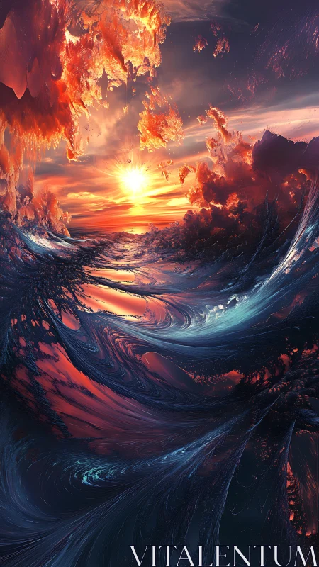 Abstract fractal seascape with illuminated sunset sky.