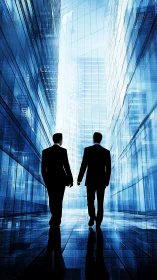 Two figures in glass corridor architecture.