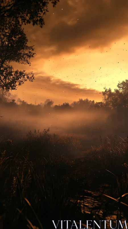 Warm twilight mist drifting softly over a quiet meadow.