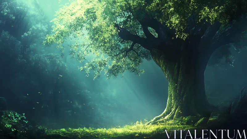 Majestic Ancient Tree in Lush Fantasy Forest, Digital Art Style.