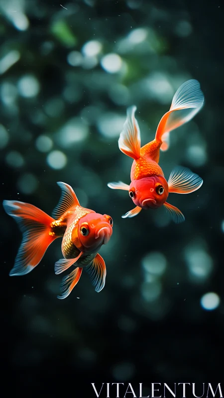 Two orange goldfish swim in deep water with soft focus bokeh