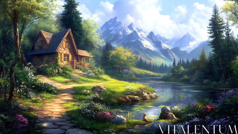 Cozy riverside cottage nestled under bright mountain skies.