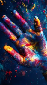 Paint soaked hand exploding with vivid neon color wash.