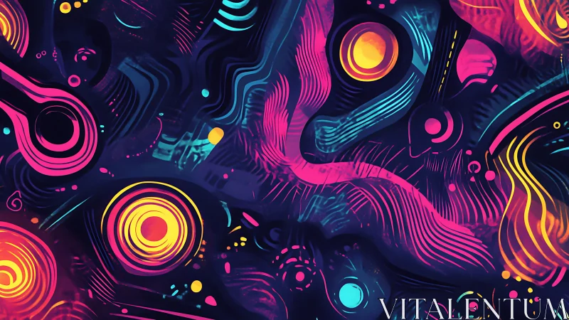 Neon abstract composition shows circular shapes and flowing lines