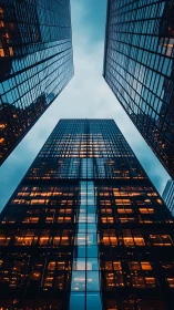 Symmetric glass skyscrapers form converging vertical axes at dusk