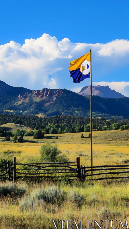 Mountain field landscape with colorful flag on tall pole.