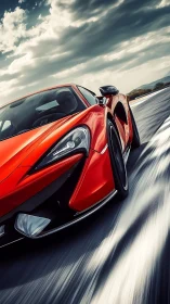 Scarlet supercar slashes stormy highway with liquid speed.
