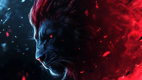 Bi-chromatic digital lion portrait divides ice and flame realms