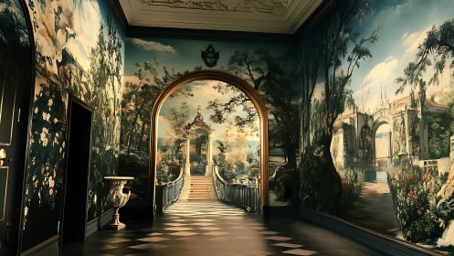 Interior corridor displays continuous architectural landscape murals
