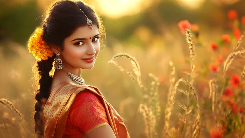 Photorealistic portrait in golden-hour floral field setting.