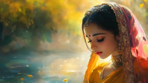 Young woman in traditional attire stands by reflective water