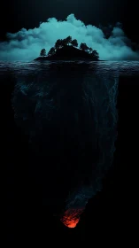 Submerged Island Silhouette with Geothermal Core Illumination