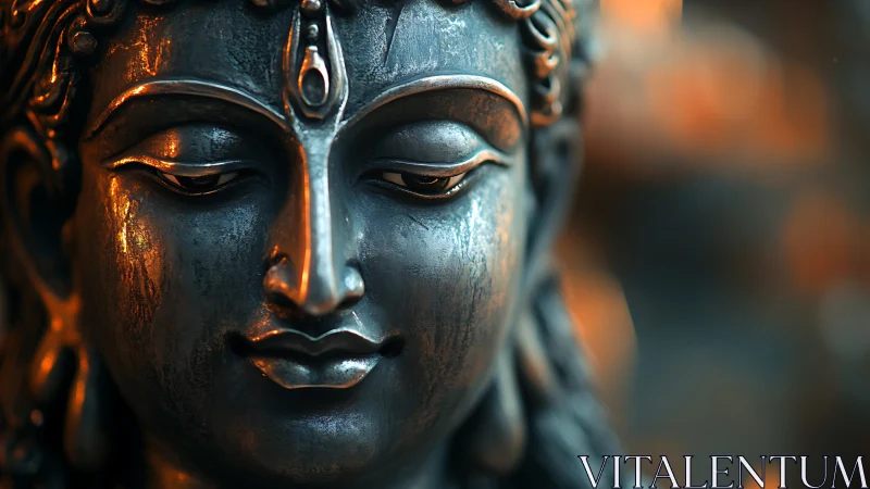 Metallic deity face sculpture shown in tight closeup view