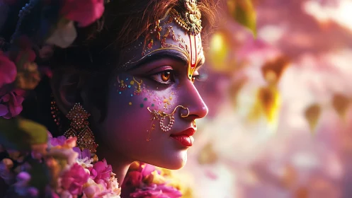 Radiant floral goddess gazing softly into glowing light.