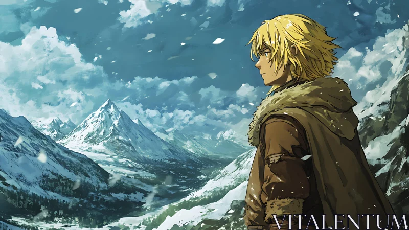 Blond wanderer in fur cloak surveying alpine valley panorama.