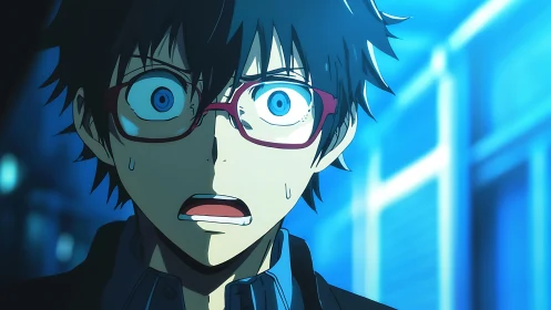 Shocked anime boy in blue backlight with high contrast rim lighting