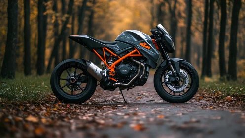 Sport motorcycle stands on forest road in autumn light