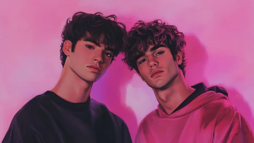 Twin glances drift through neon-pink haze in soft focus