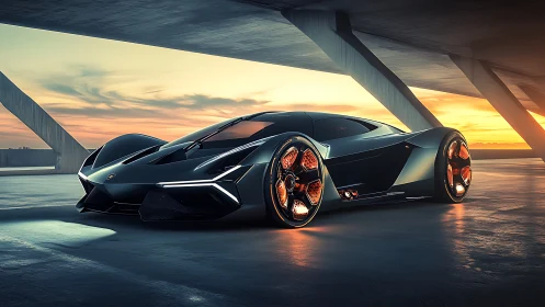 Futuristic black supercar parked under concrete structure