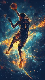 Solar-surge dunker streaking through a nebula of sparks.