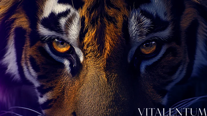 Tiger eyes lock in an intense, shadow-drenched stare.