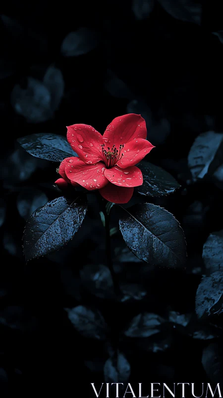 Crimson Bloom Against Midnight Foliage: Contrast Study.