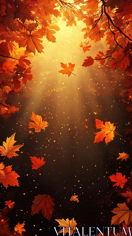 Golden leaves drift like slow sparks through autumn dusk