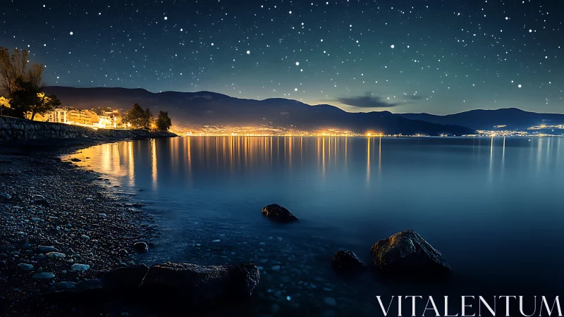 Starry coastal night over calm bay with glowing city lights.