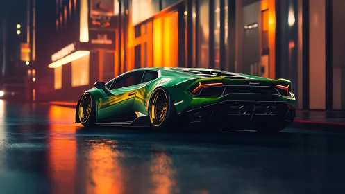 Midnight city glow with a sleek green supercar pause.