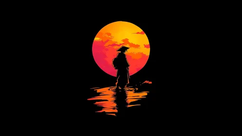 Silhouetted samurai figure before large red sunset disk.