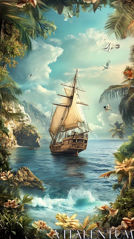 Majestic tall ship sails through tropical turquoise paradise