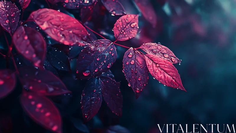 Crimson rain kissed leaves glow softly in twilight silence