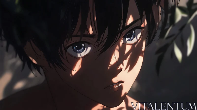 Anime close-up portrait with dappled leaf-shadow lighting design.