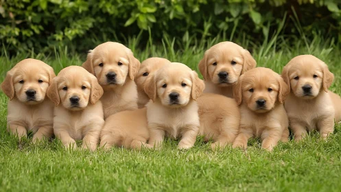 Golden retriever puppies lined in lush garden grass.