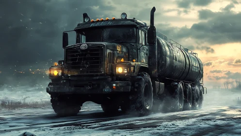 Stormlit tanker truck rolling through a frozen winter road.