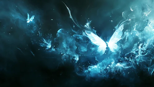 Luminous cyan energy butterflies in swirling cosmic nebula