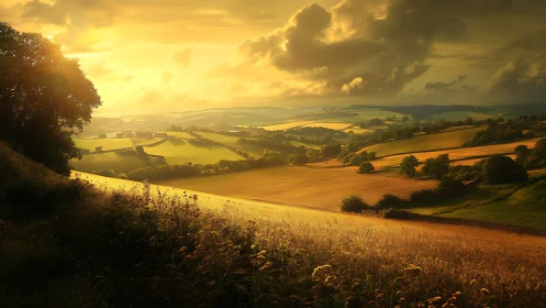 Golden hour pastoral fields in layered rural panorama design.