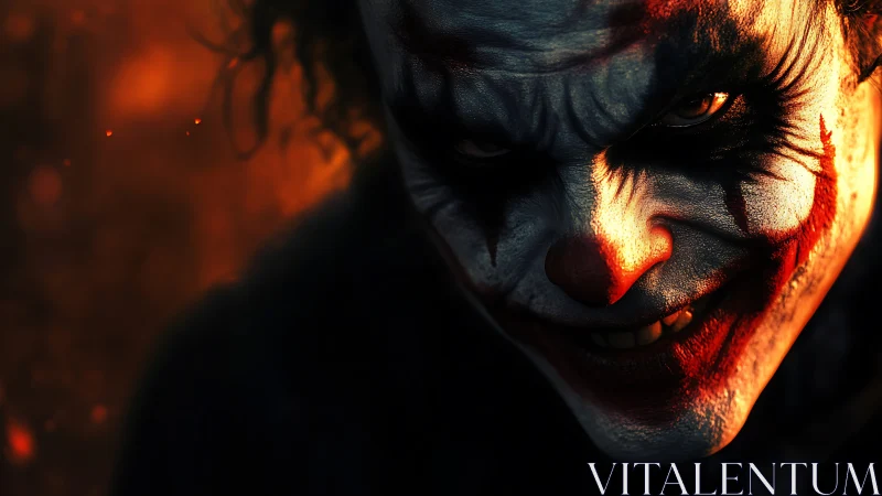 Sinister clown portrait emerges from fiery, shadowed darkness.