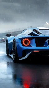 Blue supercar slices wet racetrack under heavy rain.