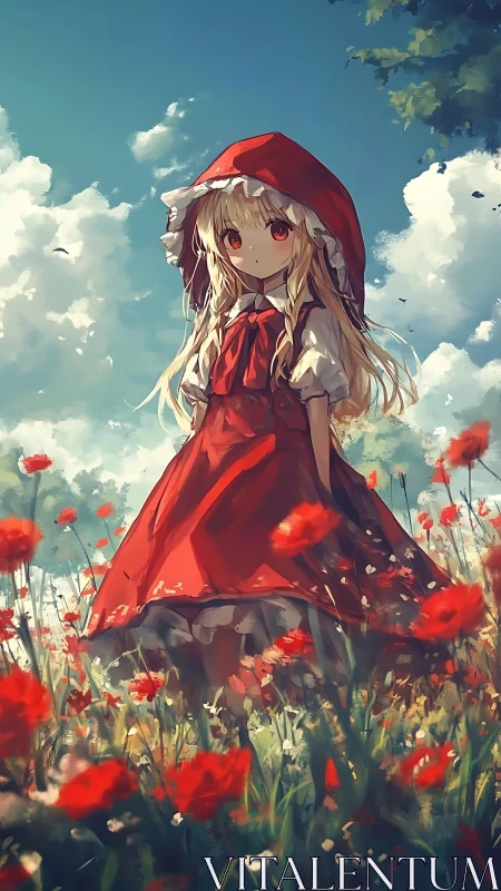 Anime girl in red hood standing in a bright flower field.