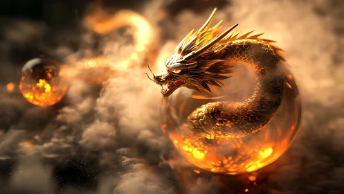 Radiant golden dragon coiled in a glowing mystical orb.