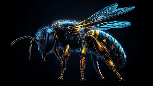 Macro-rendered metallic honeybee with neon blue gold lighting