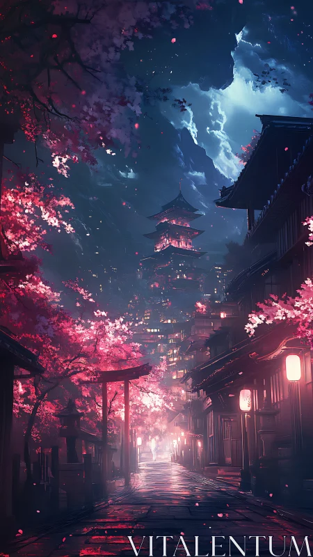 Neon lit cherry blossom street toward distant pagoda at night.