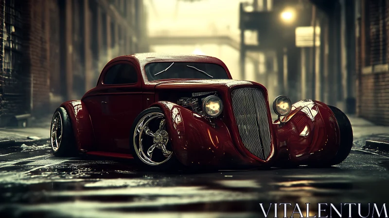 Low-slung custom coupe parked on wet urban alleyway at dusk.