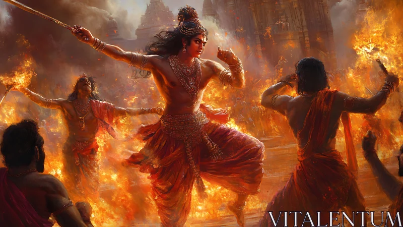 Mythic warrior dancing amid temple inferno with armed devotees