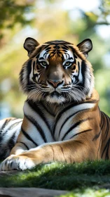 Regal tiger lounges in soft forest light, exuding calm power