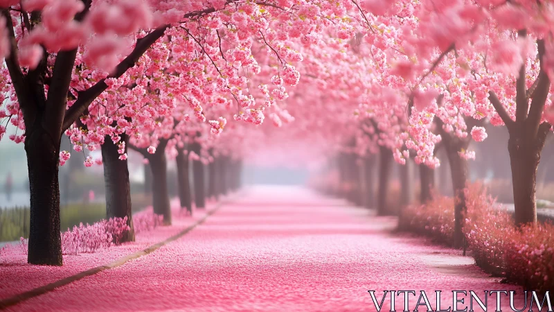 Cherry blossom avenue forms soft pink tunnel in spring light