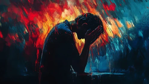 Silhouetted figure absorbs burning chaos and cold void.