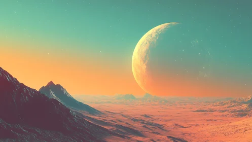 Distant planet over desert plateau with layered mountains horizon.