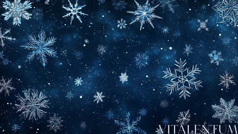 High contrast crystalline snowflakes overlay deep starfield sky